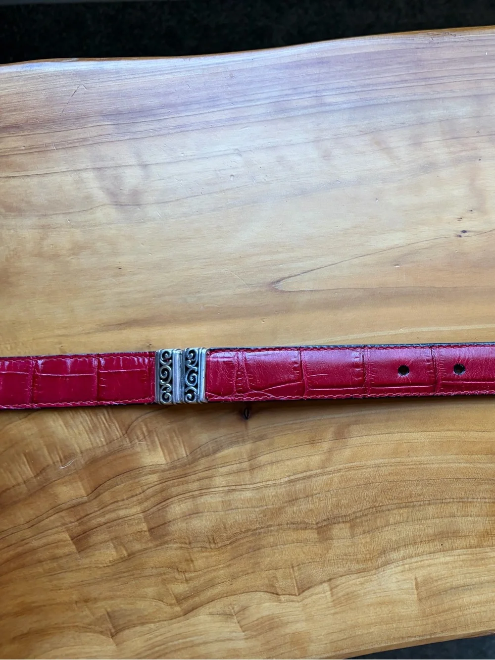 Brighton Red Croc-Embossed Leather Belt with Ornate Silver Buckle